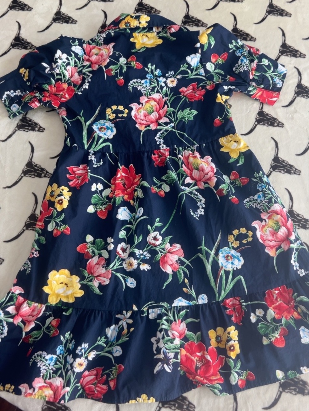 Crown & Ivy Strawberry Floral Navy Tiered Shirt Dress Size S - Picture 8 of 9